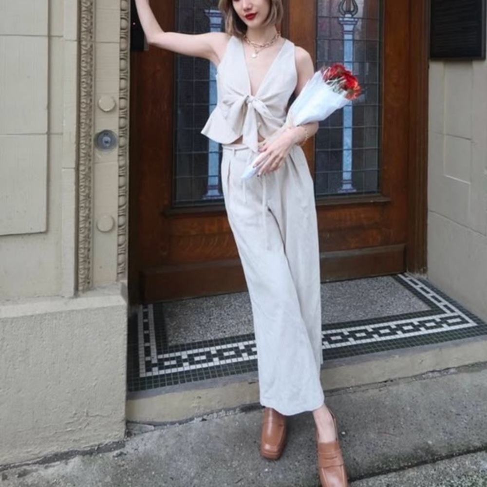 Cute cream color striped top & pants matching set